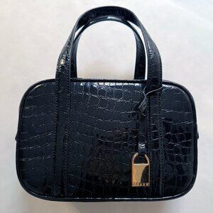 J.Crew J Crew Bowler Bag Croc-embossed In Luxe Black Leather Purse Handbag